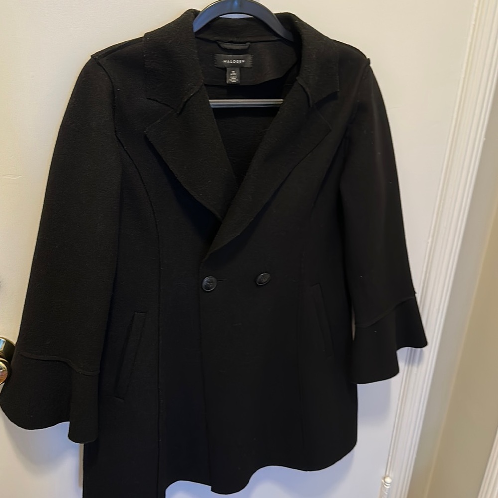 NORDSTOM double breasted long black coat, size MP - Picture 1 of 3